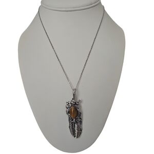 NWT Oval Stainless Steel Ethnic Genuine Tiger's Eye  Feather Pendant Necklace